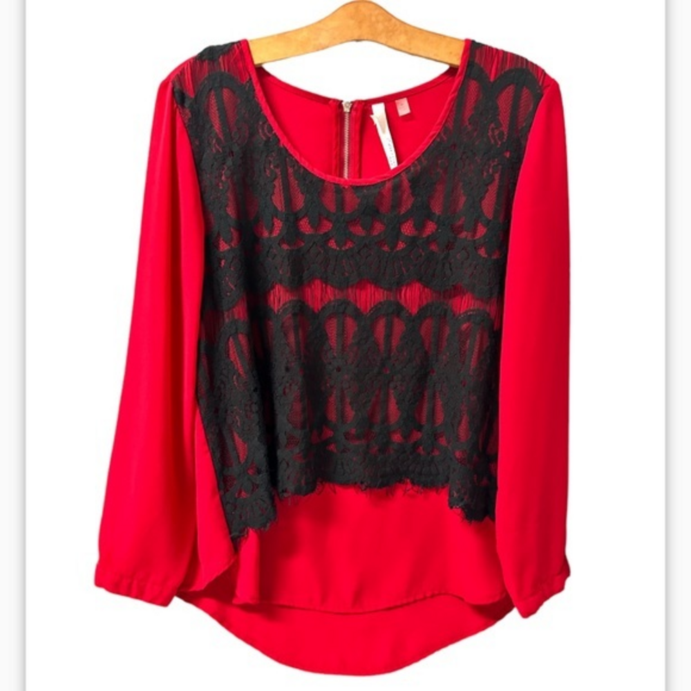 NY Collection‎ Womens Sz Petite Lg red Black Lace-Trim round neck Blouse (914)